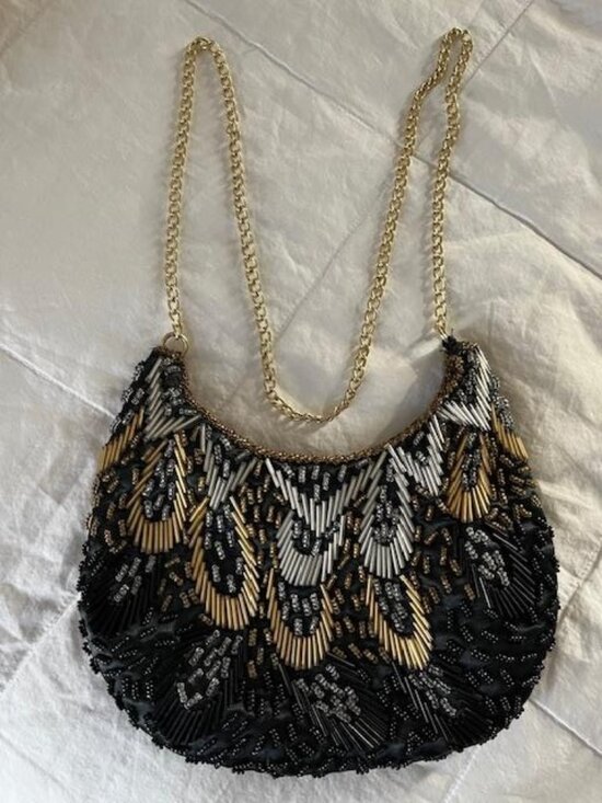 La Regale Handbags - Hand Made Bag of Gold, Silver, Black Beads/by La Regale of Hong Kong/Vintage